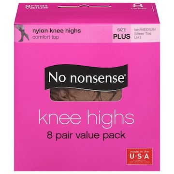 No Nonsense Knee Highs, Nylon, Sheer Toe, Tan/Medium, Plus Size, Value Pack