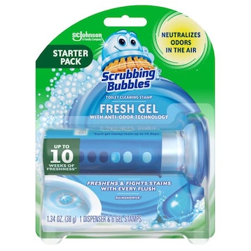 Scrubbing Bubbles Scrubbing Bubbles Fresh Gel Toilet Cleaning Stamp, Rainshower, Dispenser with 6 Gel Stamps, 1.34 oz