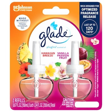 Glade PlugIns Scented Oil 2 Refills, Air Freshener, Hawaiian Breeze® & Vanilla Passion Fruit, Essential Oil Infused Wall Plug In, 1.34 FL OZ, Pack of 2