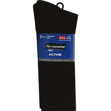 No Nonsense Active Socks, Cushioned Crew, Men, Size 6-12, Black