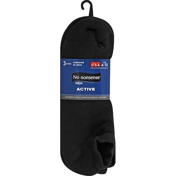 No Nonsense Active Socks, Cushioned No Show, Men, Size 6-12, Black