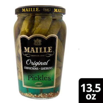Maille Maille Cornichons Original are small gherkins, or pickled mini cucumbers, that are harvested before reaching maturity for an extra-tart bite. These co
