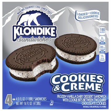 Klondike Frozen Dairy Dessert Sandwiches Cookies and Creme