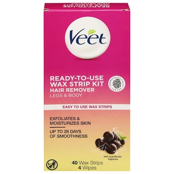 Veet Wax Strip Kit, Hair Remover, Legs & Body, Ready-to-Use, with Acai Berries Fragrance