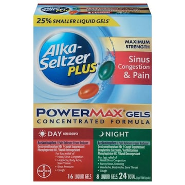 Alka-Seltzer PowerMax Gels Sinus Congestion & Pain, Maximum Strength, Day/Night, Liquid Gels