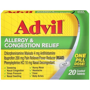 ADVIL Allergy and Congestion Relief, Pain Reliever, Fever Reducer and Allergy Relief with Ibuprofen, Phenylephrine HCl and Chlorpheniramine Maleate 4 mg