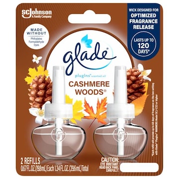 Glade PlugIns Scented Oil 2 Refills, Air Freshener, Cashmere Woods, Essential Oil Infused Wall Plug In, 1.34 FL OZ, Pack of 2