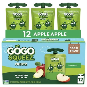 GoGo squeeZ No Sugar Added Apple Applesauce and Fruit Puree Pouches, 3.2 oz  (12 Pack)