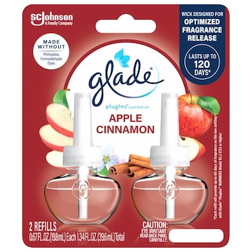 Glade PlugIns Scented Oil 2 Refills, Air Freshener, Apple Cinnamon, Essential Oil Infused Wall Plug In, 1.34 FL OZ, Pack of 2