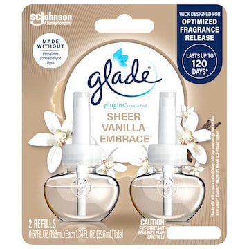 Glade PlugIns Scented Oil 2 Refills, Air Freshener, Sheer Vanilla Embrace, Essential Oil Infused Wall Plug In, 1.34 FL OZ, Pack of 2
