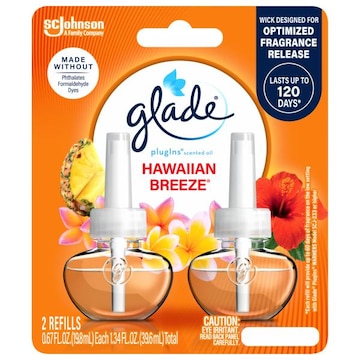 Glade PlugIns Scented Oil 2 Refills, Air Freshener, Hawaiian Breeze, Essential Oil Infused Wall Plug In, 1.34 FL OZ, Pack of 2