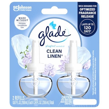 Glade PlugIns Scented Oil 2 Refills, Air Freshener, Clean Linen, Essential Oil Infused Wall Plug In, 1.34 FL OZ, Pack of 2