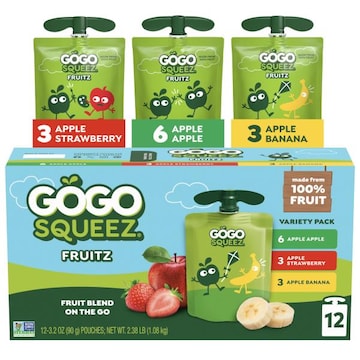 GoGo squeeZ No Sugar Added Banana Strawberry Applesauce Variety Pouches, 3.2 oz (12 Pack)
