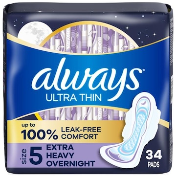 Always Ultra Thin Overnight Pads, Size 5, Extra Heavy Overnight, Unscented, 34 Count