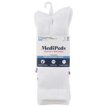 MediPeds Socks, Non-Binding Crew, Cushioned, White, Medium