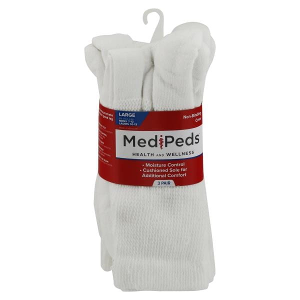 MediPeds Socks, Non-Binding, Crew, White, Large | Publix Super Markets