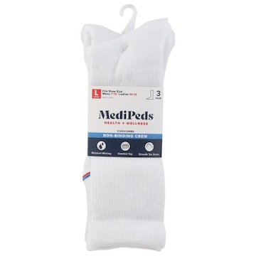 MediPeds Socks, Non-Binding Crew, Cushioned, White, Large