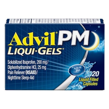 ADVIL Liqui Gels PM Liqui-Gels Pain Reliever and Nighttime Sleep Aid, Ibuprofen for Pain Relief and Diphenhydramine HCL for a Sleep Aid - 20 Liquid Filled Capsules