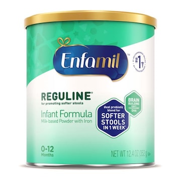 Enfamil Enfamil Reguline Constipation baby formula with iron features a blend of probiotics and easy to digest proteins to promote soft, comfortable stools. F