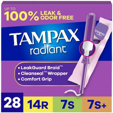 Tampax Radiant Tampons Multipack, with LeakGuard Braid, Regular/Super/Super Plus, 28 Count