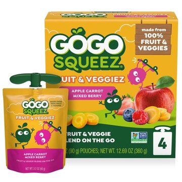 GoGo squeeZ Fruit & VeggieZ No Sugar Added Apple Carrot Mixed Berry Applesauce Puree Pouches, 3.2 oz (4 Pack)