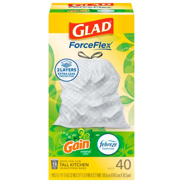Glad Drawstring Bags, Tall Kitchen, Gain Original Scent, 13 Gallon Publix Super Markets
