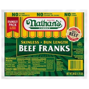 Nathan's Skinless All Beef Franks, Bun Length Hot Dogs