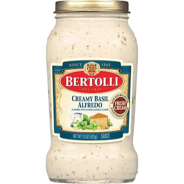 Bertolli Creamy Basil Alfredo Sauce with Aged Parmesan Cheese, Authentic Tuscan Style Pasta Sauce made with Fresh Cream and Real Butter, 15 OZ