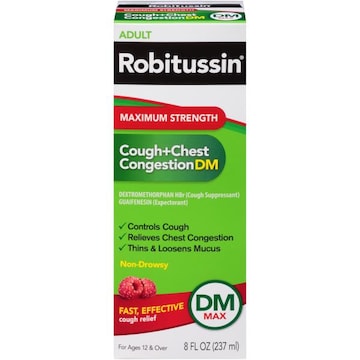 Robitussin Adult Maximum Strength Cough + Chest Congestion DM Max (8 fl. oz. Bottle), Cough Suppressant & Expectorant, Raspberry Flavor