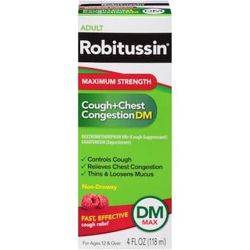 Robitussin Adult Maximum Strength Cough + Chest Congestion DM Max (4 fl. oz. Bottle), Non-Drowsy Cough Suppressant & Expectorant, Raspberry Flavor