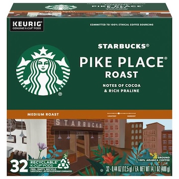 Starbucks Coffee, 100% Arabica, Ground, Medium Roast, Pike Place Roast, K-Cup Pods