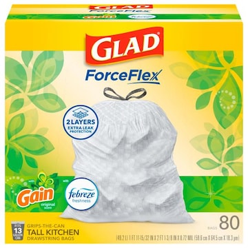 Glad ForceFlex Bags, Drawstring, Kitchen, Gain Original Scent with Febreze Freshness, 13 Gallon, Tall