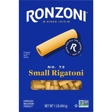 Ronzoni Small Rigatoni, 16 oz, Ribbed Tubular Pasta, Non-GMO