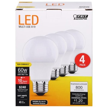 Feit Electric Bulbs, Soft White, LED, 60 Watts, 4 Pack