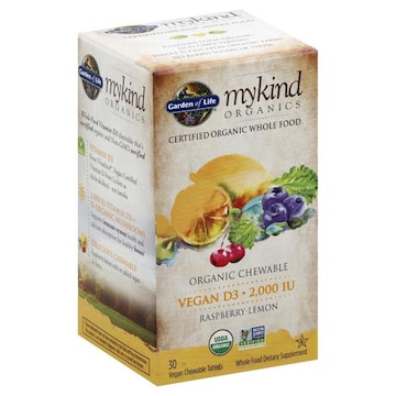 Garden of Life MyKind Organics Vegan D3, 2,000 IU, Raspberry Lemon, Vegan Chewable Tablets