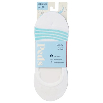 Peds Socks, No-Show, Lightweight, Mid Cut, White, Ladies, Medium 5-10
