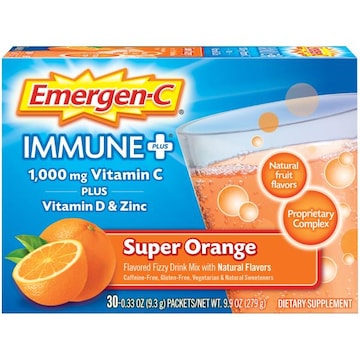 Emergen-C Emergen-C Immune+ Vitamin C 1000mg Powder, Plus Vitamin D and Zinc (30 Count, Super Orange Flavor, 1 Month Supply), Immune Support Dietary Supplement Fizzy Drin