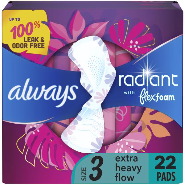 Always Radiant Pads, FlexiWings, Extra Heavy Flow, Light, Clean Scent