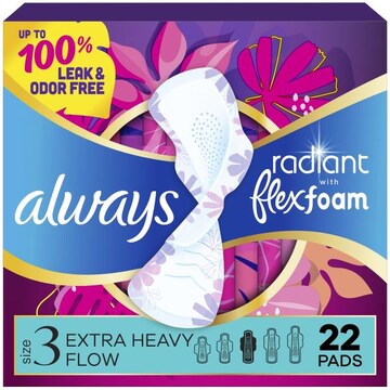Always Radiant With FlexFoam Pads, Size 3, Extra Heavy, Wings, 22 CT
