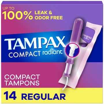 Tampax Pocket Radiant Compact Tampons, with LeakGuard Braid & Extendable Applicator, Regular 14 Ct