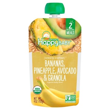 HappyBaby Organics Baby Food, Organic, Bananas, Pineapple, Avocado & Granola, Clearly Crafted, 2 (6+ Months)