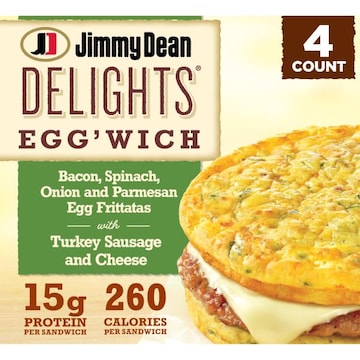 Jimmy Dean Delights Egg’wich Breakfast Sandwiches with Bacon, Spinach, Caramelized Onions, and Parmesan Egg Frittatas with Turkey Sausage and Cheese, Breadless, Frozen, 4