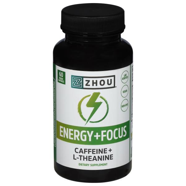 Zhou Caffeine + L-Theanine, Energy + Focus, Veggie Capsules