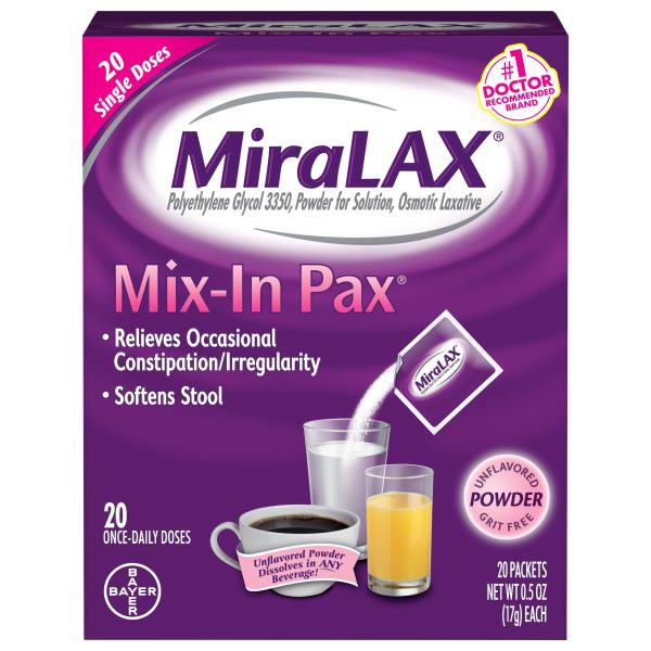 Miralax Mix-in Pax, Single Doses, Unflavored Powder, 20 Pack