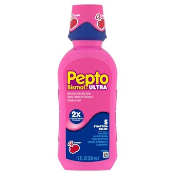 Pepto-Bismol Multi-Symptom ULTRA Cherry Liquid, Fast 5-Symptom Stomach Relief, Upset Stomach Relief, 12 fl oz