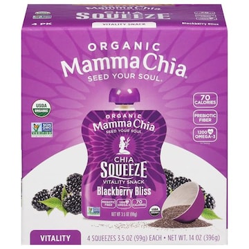 Mamma Chia Chia Squeeze Vitality Snack, Organic, Blackberry Bliss, 4 Pack