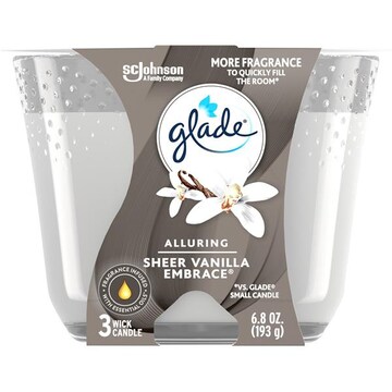 Glade Candle Alluring Sheer Vanilla Embrace Scent, 3-Wick, 6.8 oz (193 g), 1 Count, Fragrance Infused with Essential Oils, Notes of Vanilla Blossom, White O