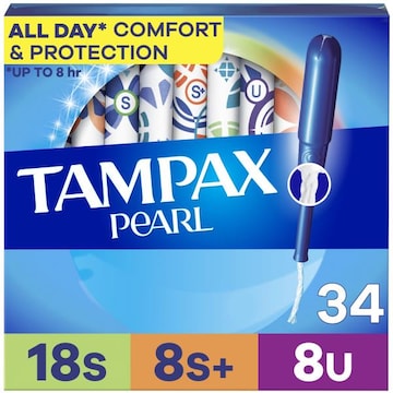 Tampax Pearl Tampons Multipack with LeakGuard Braid, Super/Super Plus/Ultra, 34 Ct