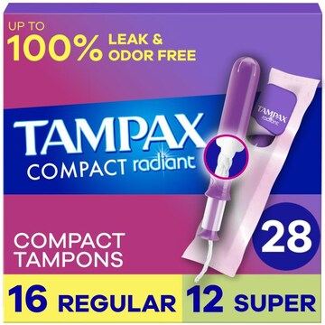 Tampax Pocket Radiant Compact Tampons Multipack, with LeakGuard Braid & Extendable Applicator, Regular/Super 28 Ct