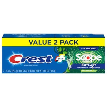 Crest Plus Toothpaste, Fluoride, Anticavity, Long Lasting Mint, + Whitening, Scope Outlast, Value 2 Pack
